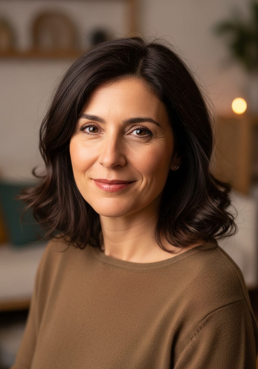Ritratto di Marta Dal Cin, capelli scuri mossi e maglia color sabbia