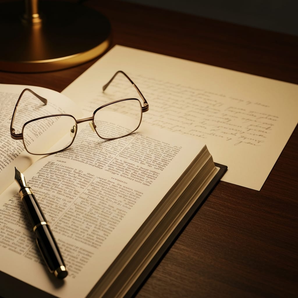 Un paio di occhiali e una penna appoggiati su un libro aperto