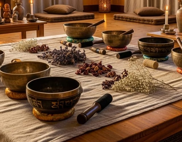 Le campane tibetane e i fiori secchi sul tavolo basso del giovedì sera