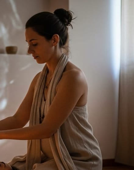 Sara inginocchiata sul tappeto durante una seduta, con una stola di lino sulle spalle