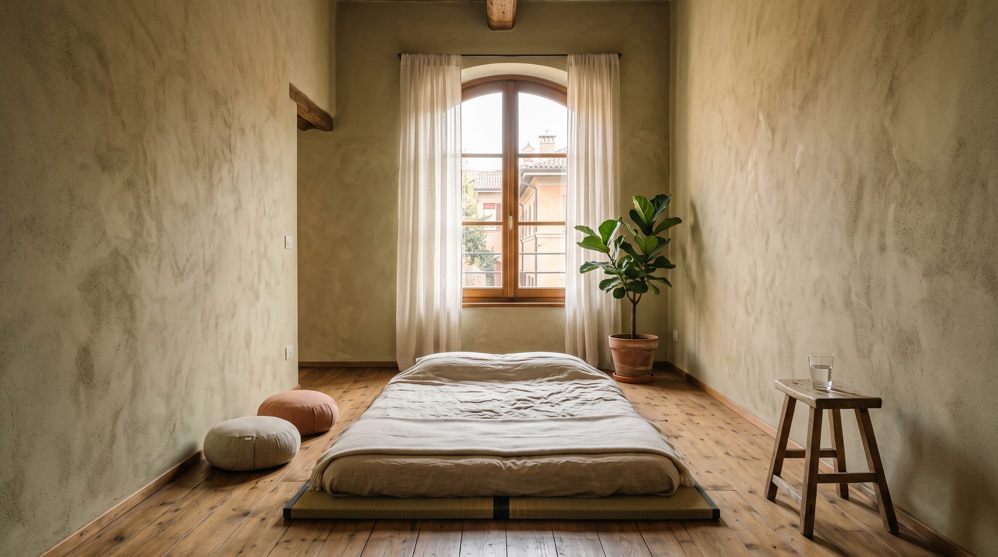La stanza di Sara in un palazzo di Bologna: un futon basso con lenzuola di lino, due cuscini e una grande finestra con tende chiare